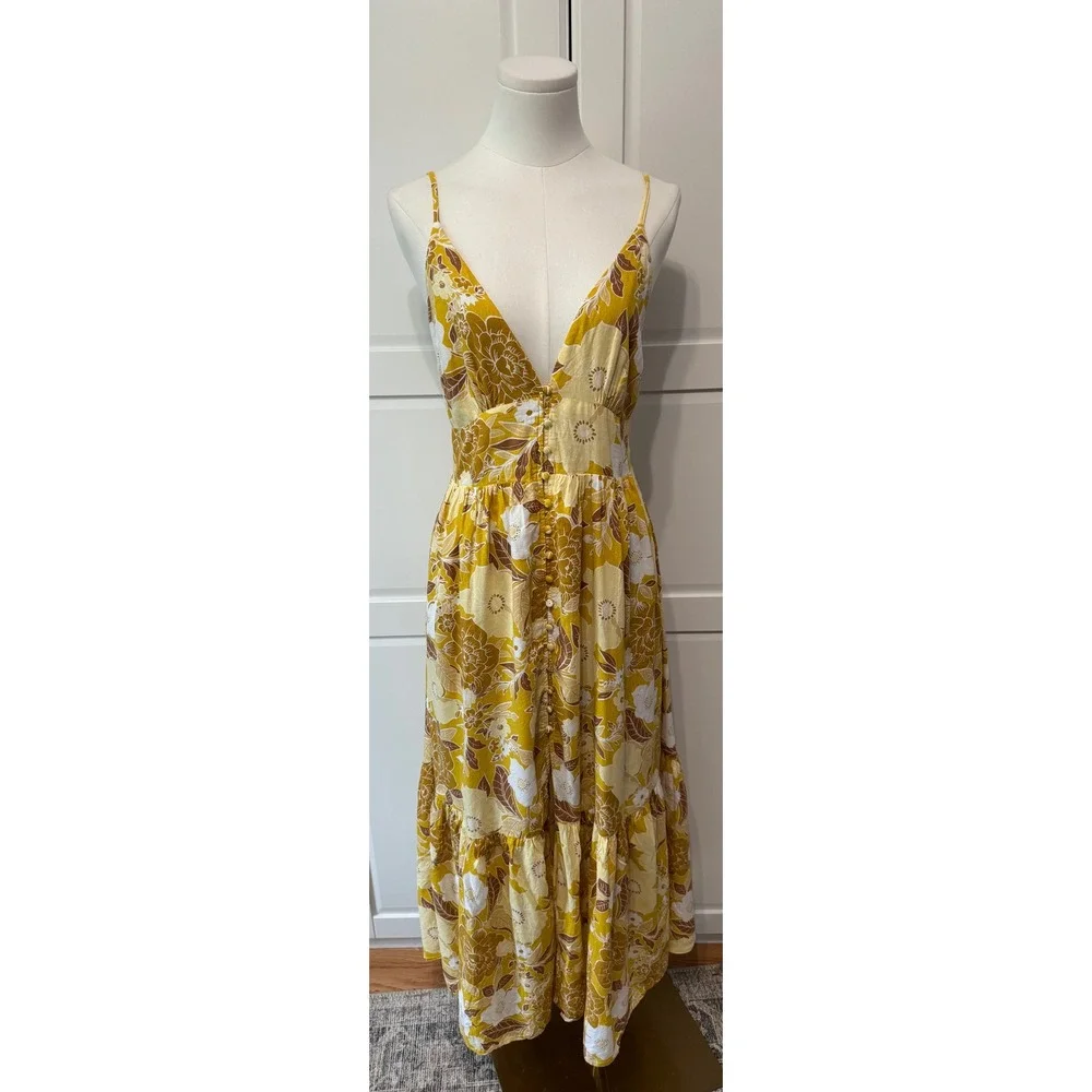 Abercrombie & Fitch Yellow Floral Button Front Tiered Maxi Dress Medium